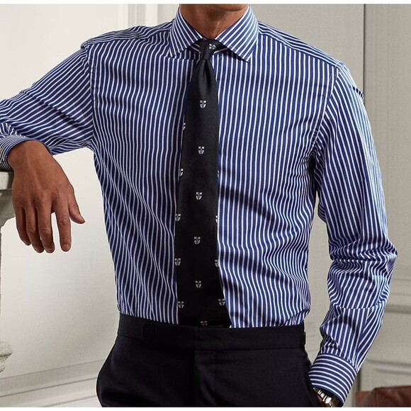 NWOT Lauren Ralph Lauren Mens Button Up Shirt 17.5 32/33 Blue Stripe Long Sleeve - Picture 1 of 13